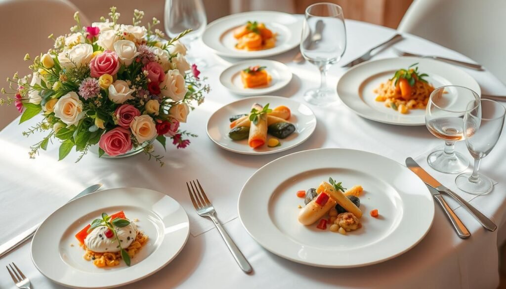 A beautifully styled table setting with a fresh bouquet of seasonal flowers, crisp white linens, and an elegant plate presentation. The food, meticulously arranged, features a delicate balance of colors, textures, and flavors. Soft, directional lighting casts a warm glow, accentuating the intricate details of each dish. A carefully selected selection of tableware, including gleaming silverware and delicate glassware, complement the overall aesthetic. The scene evokes a sense of effortless sophistication, inviting the viewer to savor not just the meal, but the entire dining experience.