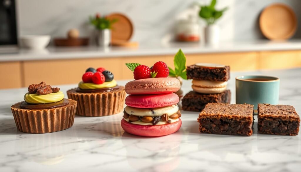 A delectable array of gluten-free desserts, meticulously crafted with care and creativity. Featuring luscious chocolate-avocado mousse tarts, vibrant berry-infused macarons, and decadent almond flour brownies. Artfully arranged on a modern marble countertop, the desserts are bathed in warm, diffused lighting, casting a soft, inviting glow. In the background, a minimalist kitchen with hints of natural wood and greenery provides a serene, calming atmosphere. The overall scene evokes a sense of indulgence and health-consciousness, perfectly suitable for a sophisticated entertaining experience.