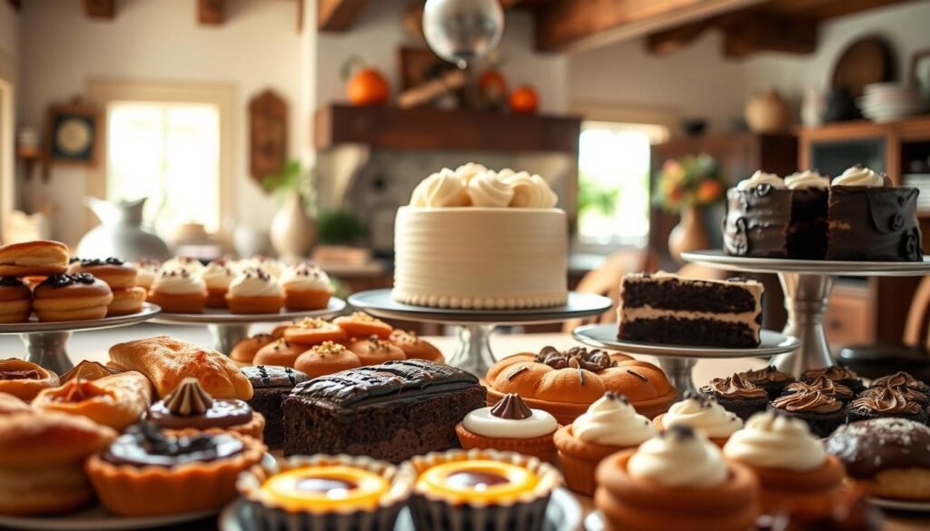 A delectable display of Ina Garten's signature desserts, captured in a warm, inviting setting. In the foreground, a lavish spread of decadent treats - flaky pastries, creamy tarts, and rich chocolate cakes. The middle ground features a beautifully decorated cake, its frosting glistening under soft, indirect lighting. In the background, a cozy, rustic kitchen setting with wooden beams and a vintage-inspired décor, creating a sense of timeless elegance. The composition emphasizes the artistry and attention to detail that defines Ina Garten's culinary mastery, inviting the viewer to indulge in these scrumptious desserts that steal the show.