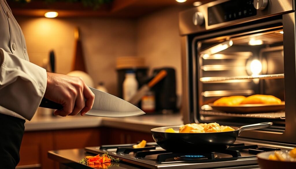 A dynamic kitchen scene showcasing mastery of essential cooking techniques. In the foreground, a skilled chef expertly handles a sharp chef's knife, precisely dicing vegetables with controlled, practiced motions. In the middle ground, a sizzling pan on the stovetop captures the essence of sautéing, releasing enticing aromas. In the background, a gleaming oven door stands open, revealing the golden-brown perfection of a perfectly roasted dish. Warm, soft lighting illuminates the scene, creating an inviting, professional atmosphere. The overall composition highlights the importance of fundamental culinary skills in delivering delectable results.