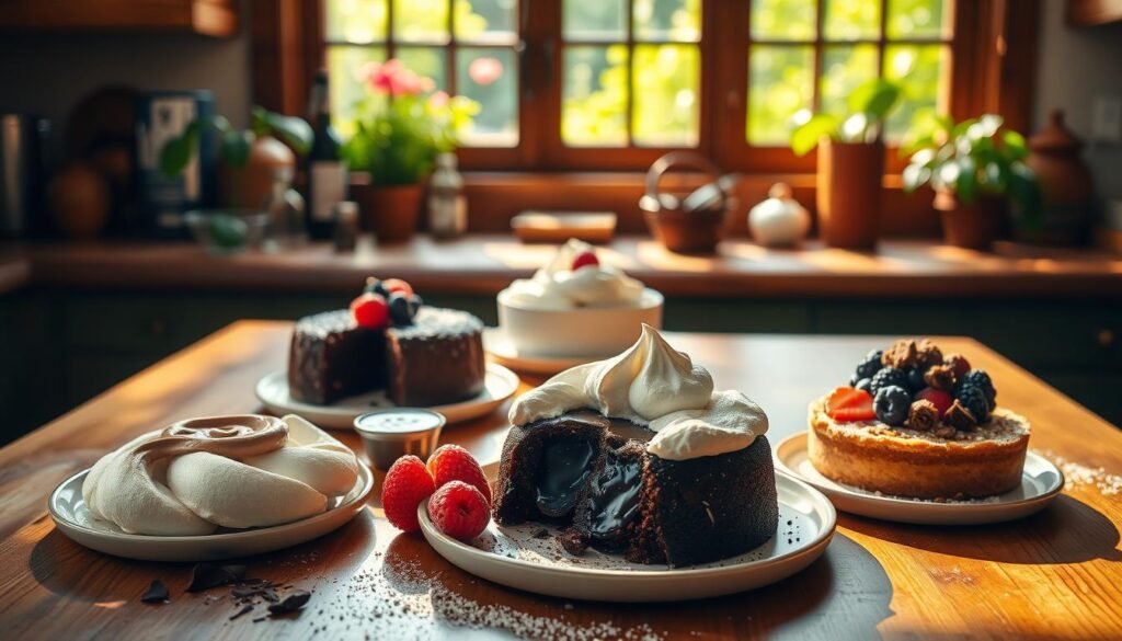 A warm, cozy kitchen setting with an assortment of easy-to-prepare desserts artfully displayed on a wooden table. In the foreground, a classic chocolate lava cake, a light and airy meringue, and a creamy fruit tart adorn the table, their textures and colors accentuated by soft, natural lighting. In the middle ground, a few simple ingredients like fresh berries, chocolate shavings, and a dusting of powdered sugar hint at the simplicity of the recipes. The background features a sun-dappled window overlooking a lush, verdant garden, creating a tranquil and inviting atmosphere.